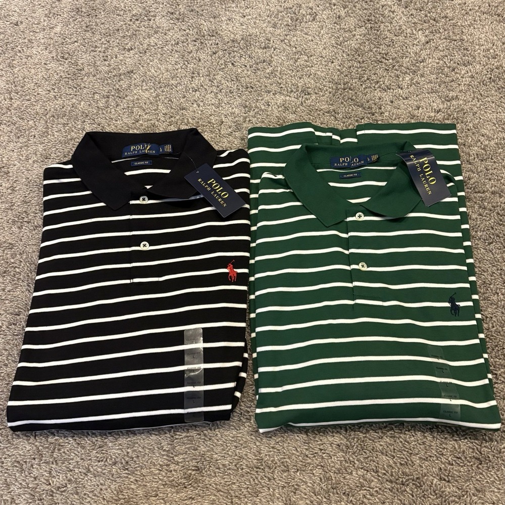 LOT OF 2 NEW Polo Ralph Lauren Men's L Classic Fit Stripe Polo Shirt Black Green